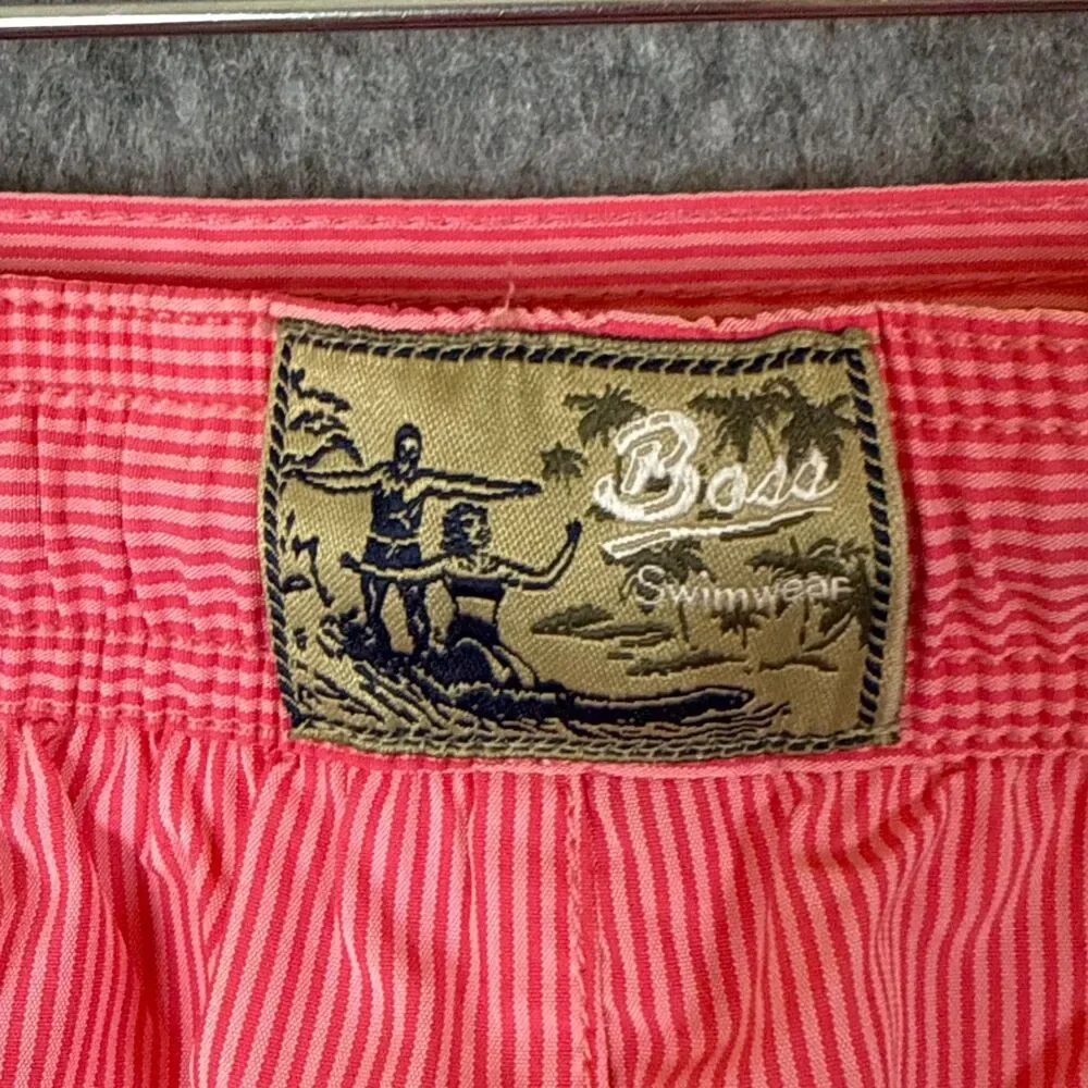 Hugo Boss Batfish Swim Trunk Mens L Coral Color with Pinstripes Pockets Lined